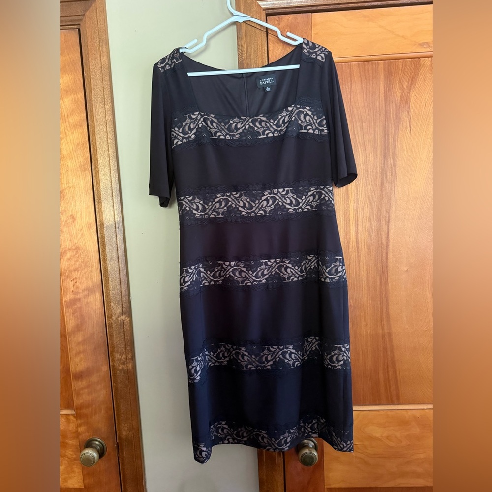 Adrianna Papell Black Sheath Dress V-Neck 3/4 Sleeve